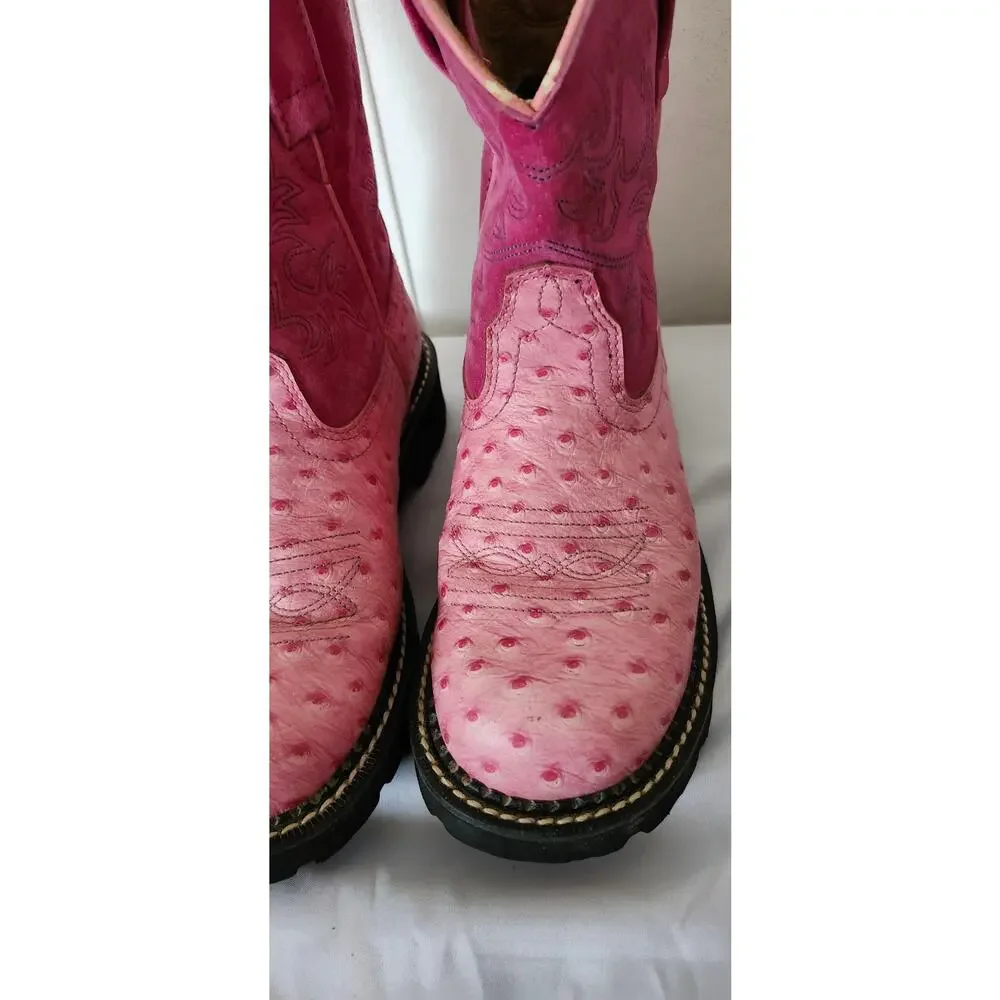 Ariat Fatbaby Pink Ostrich Print Leather Hot Pink Suede Western Boots 6 B